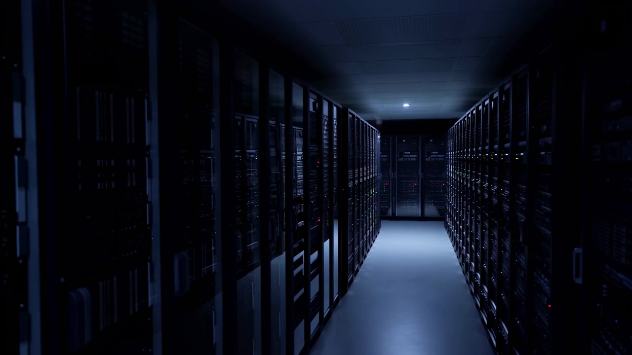 Una vista centrata avanza lungo uno stretto corridoio di server mentre armadi rack neri riempiono entrambi i lati, minuscole spie di stato punteggiano l'oscurità fredda e una singola lampada a soffitto si riflette sul pavimento chiaro