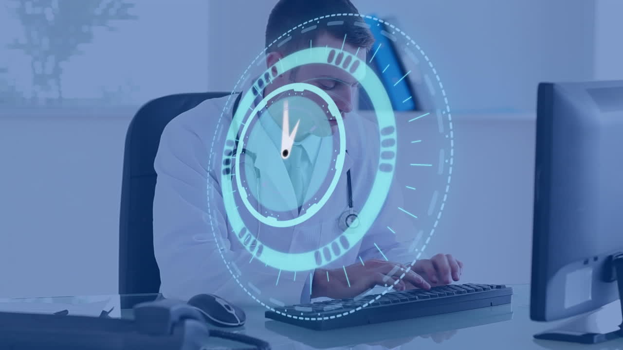Animazione di un orologio che scorre velocemente su un medico uomo che usa il computer