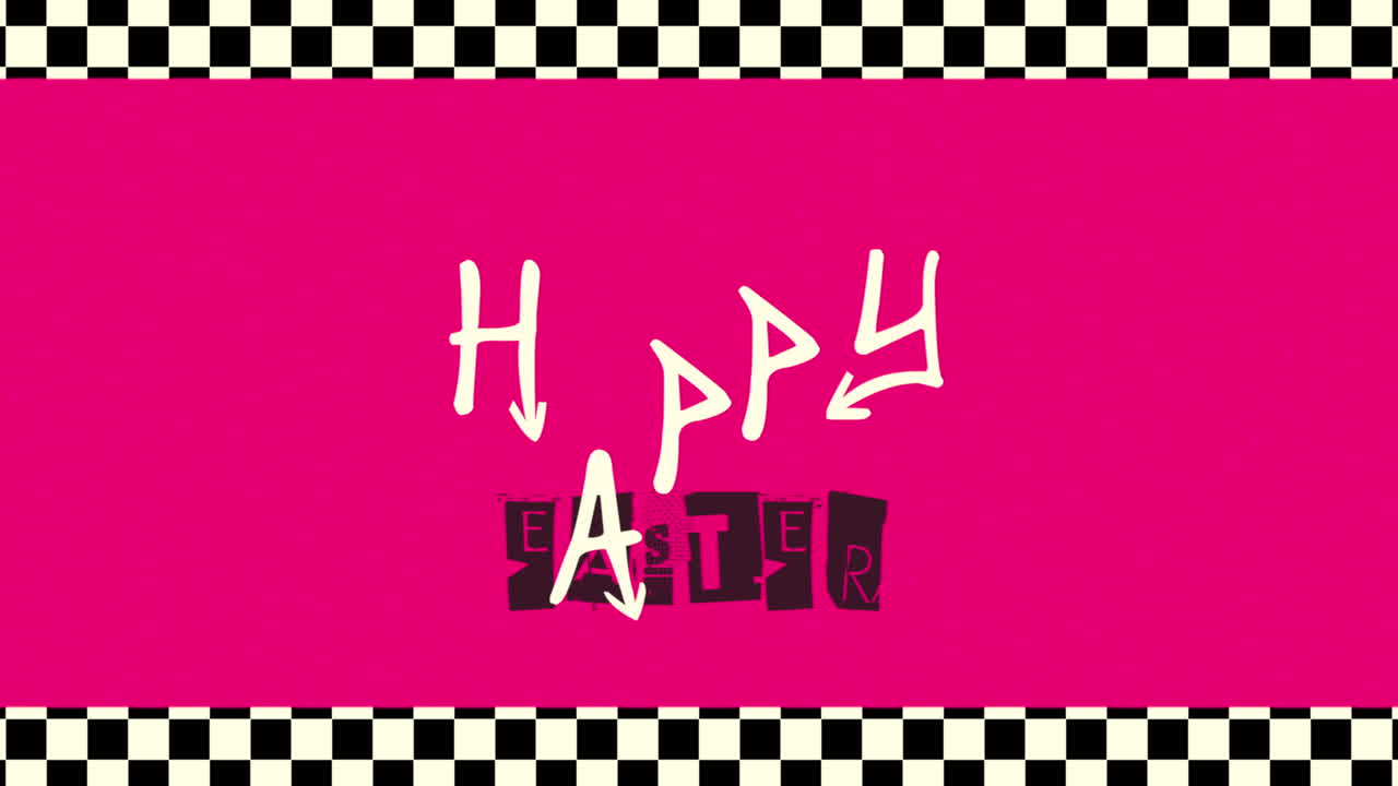 노이즈가 있는 힙스터 및 빨간색 그루지 배경의 애니메이션 텍스트 행복한 부활절