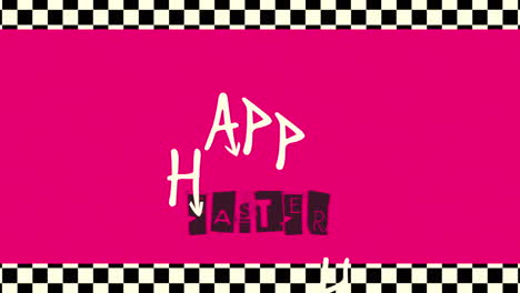 animation text happy easter on hipster and red grunge background with noise