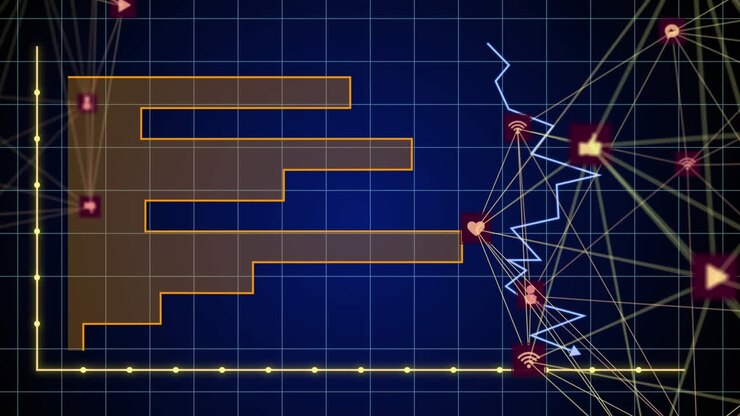 Animation of network of connections with icons over financial data processing on blue background