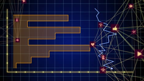 animation of network of connections with icons over financial data processing on blue background