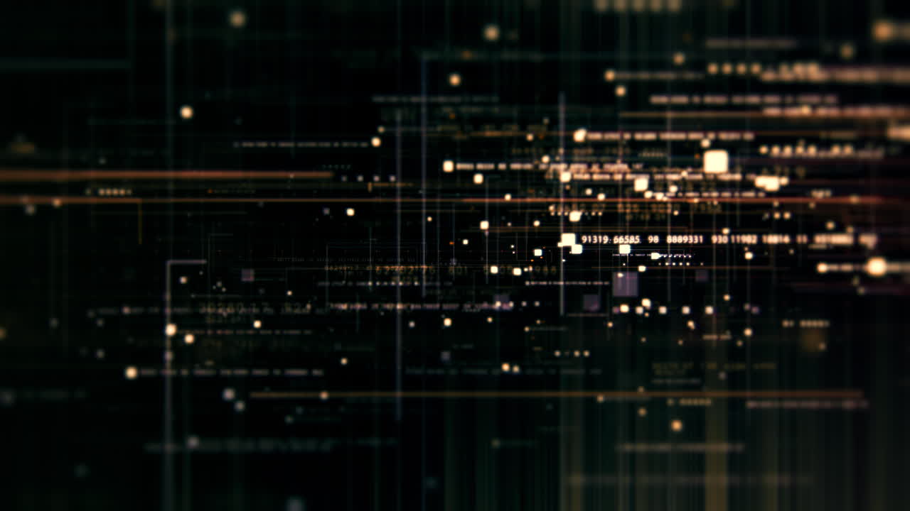 Futuristic abstract de-focus flowing data matrix, meta, metaverse, telemetry and encrypt numbers display with particles simulation in cyber space environment for head up display loop background