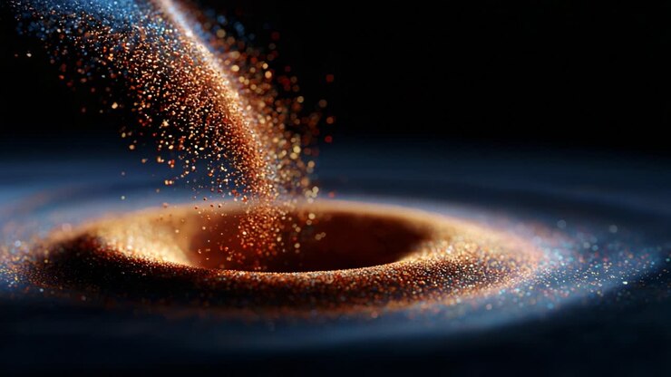 An Awe-Inspiring Visual of a Cosmic Black Hole, Capturing the Mysterious Dance of Particles as They Spiral Inwards into the Infinite Abyss of Darkness, Evoking Curiosity and Wonder