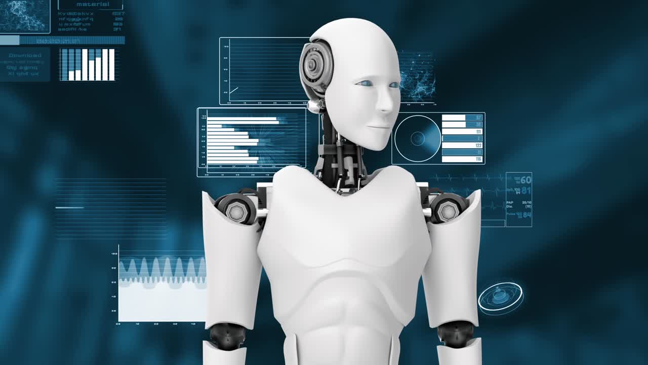 Futuristic robot, artificial intelligence CGI big data analytics and programming
