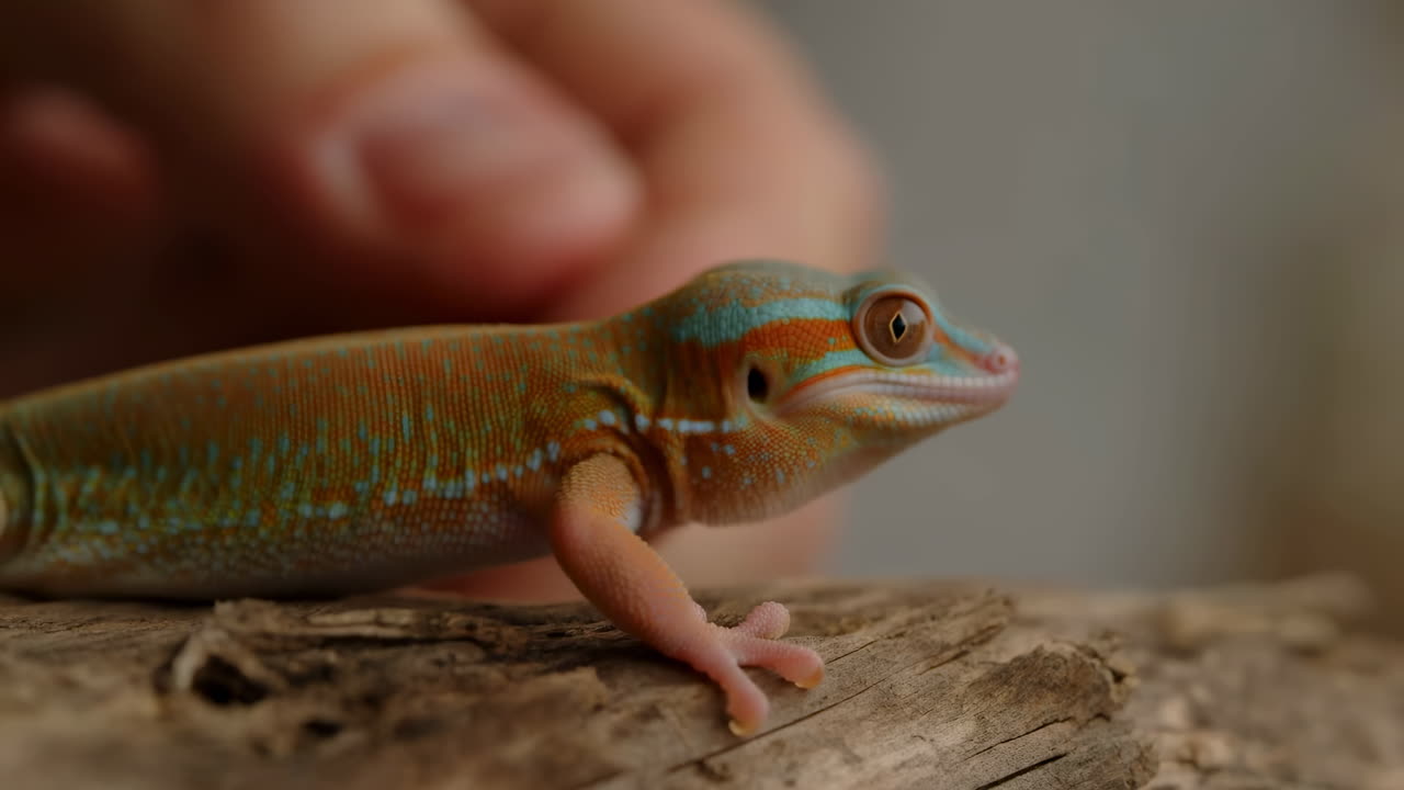 Primo piano di un Geco Colorato sul Legno con una Mano Umana.