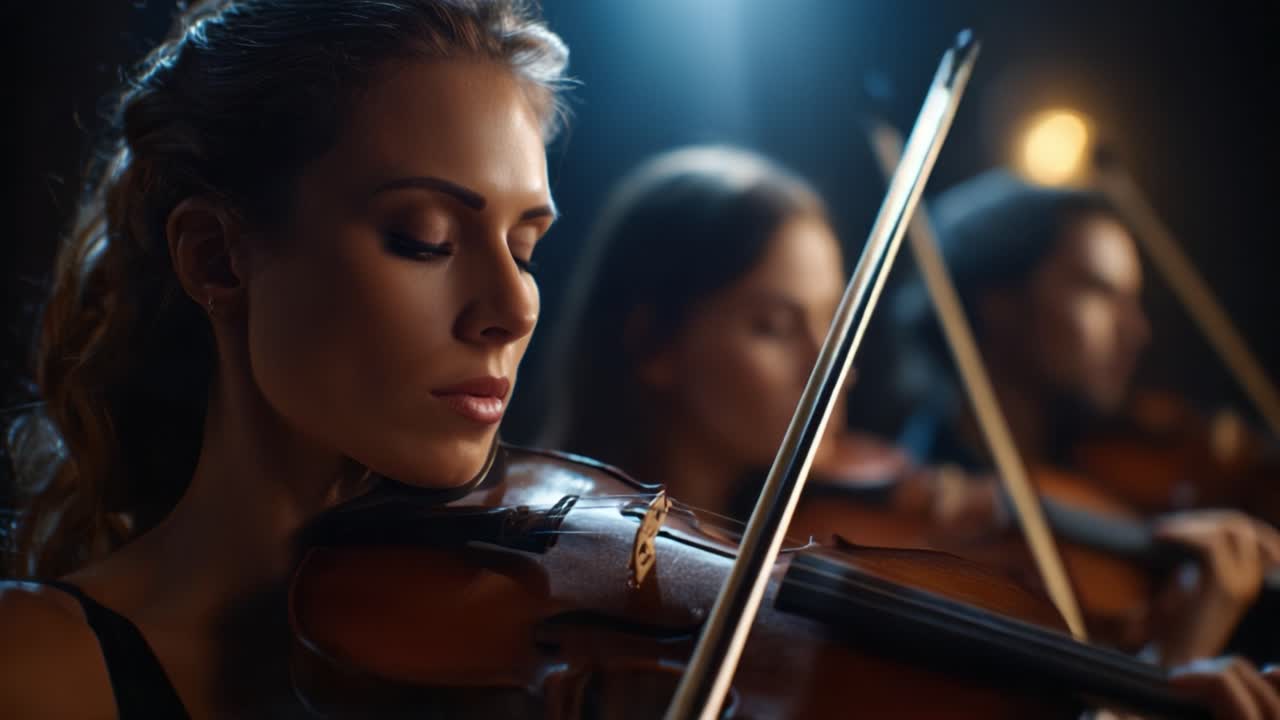 Fesselnder Moment: Eine Geigerin, emotional vertieft in ihre Darbietung mit anderen Musikern unter sanfter Beleuchtung, schafft ein wunderschönes Symphonieerlebnis.