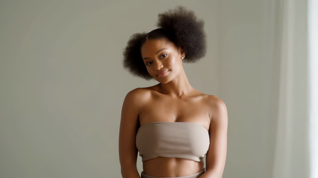 Giovane donna nera sicura di sé con afro naturale in posa in studio