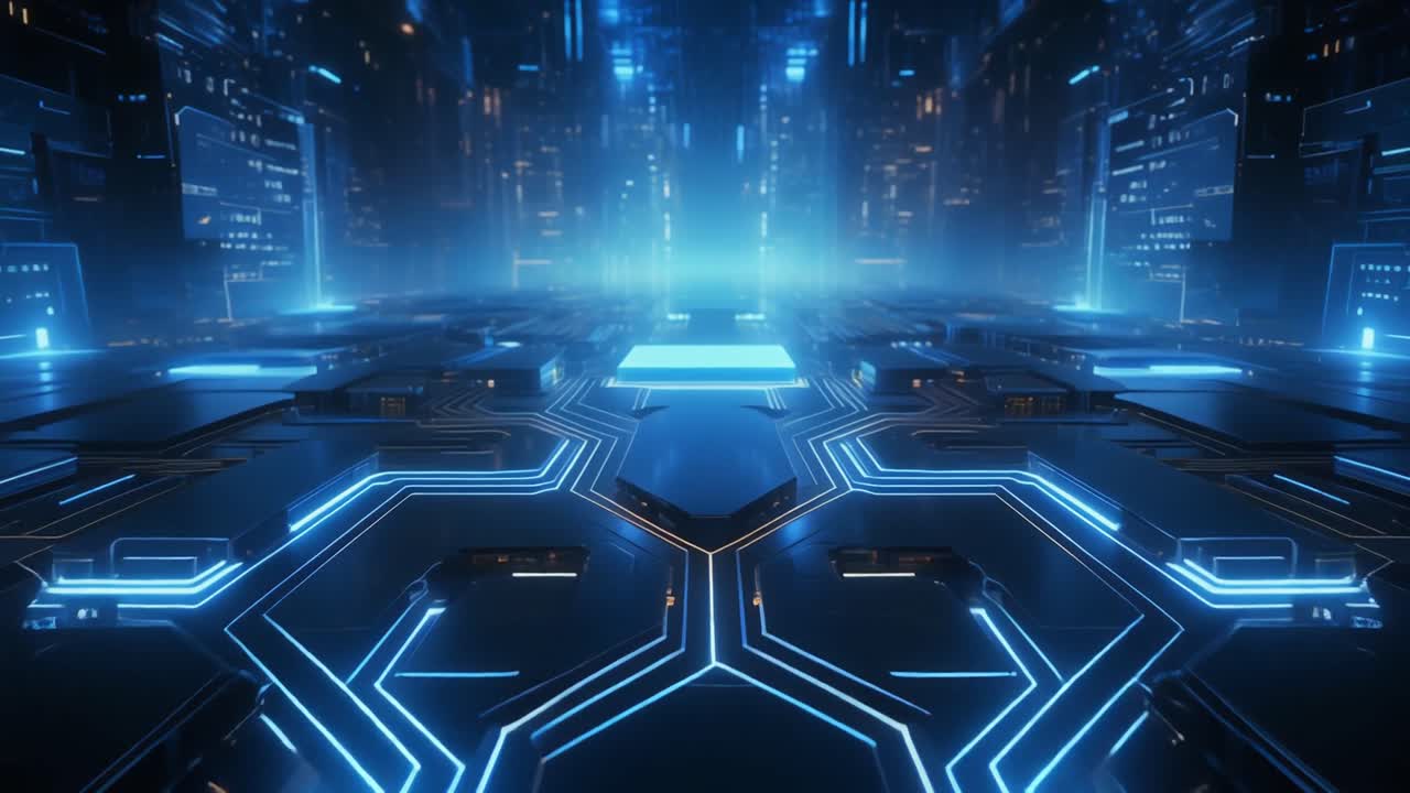 Gennem et futuristisk digitalt printkort med blåt lys
