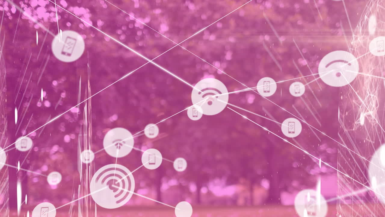 animación de la red de conexiones con iconos de medios sobre el bosque