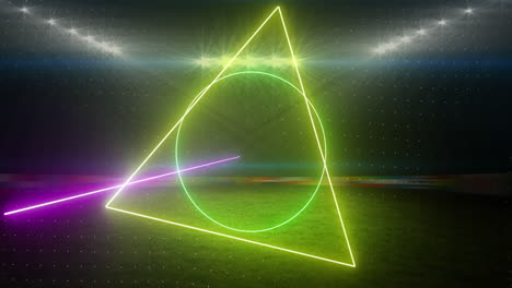 animation of rotating neon shapes and lights over floodlit sports field