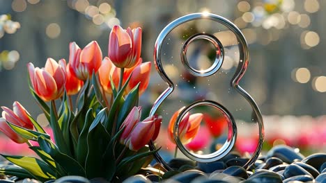 international women's day with tulips and shimmering number 8