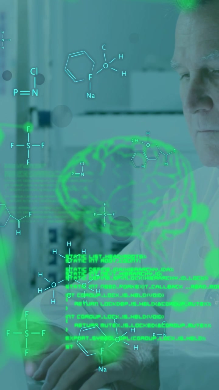 Vertical video: Senior scientist typing laptop, green overlay filling screen, analyzing brain data
