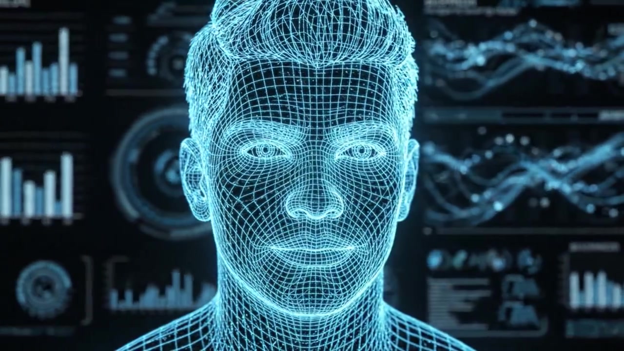 Digital Representation of a Human Face with Detailed Wireframe Modeling and Interactive Data Visualizations in a Futuristic Interface