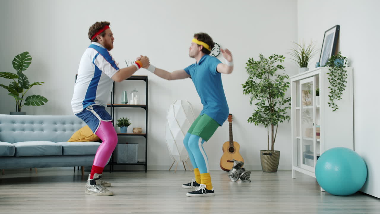 Funny Retro Fitness Friends Dancing at Home