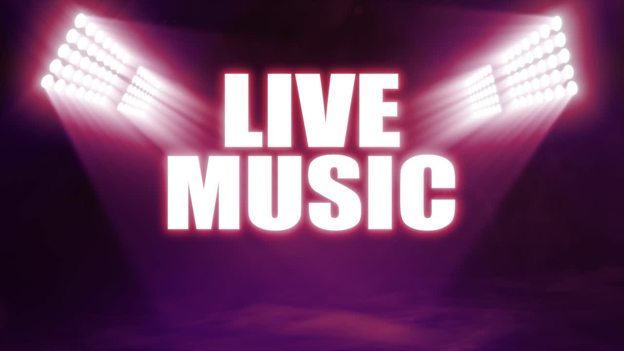 Animated sports graphic with 'Live Music' text, with bright banks of floodlights shining dramatic volumetric light over a misty, atmospheric scene, in deep red color palette