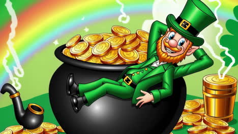 cartoon leprechaun relaxing in a pot of gold with rainbow and coins