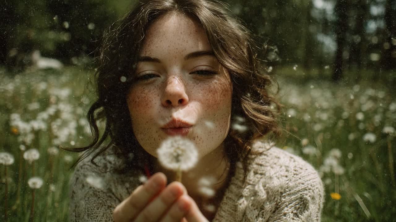 A Young Woman with Freckles Gently Blows on a Dandelion Puff in a Lush Field, Capturing the Essence of Nature's Beauty and the Delight of Childhood Memories