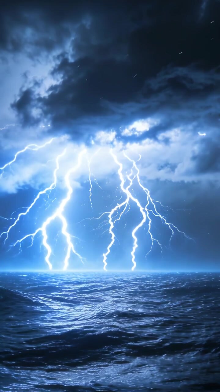 Video verticale: Fulmini lampeggianti che si ramificano sul mare in tempesta mentre la tempesta si intensifica.