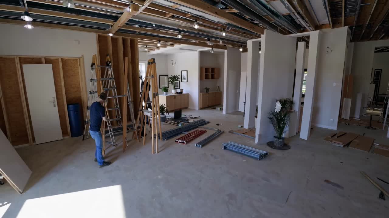Wide-angle shot of a modern interior under construction, showcasing scattered materials and a person