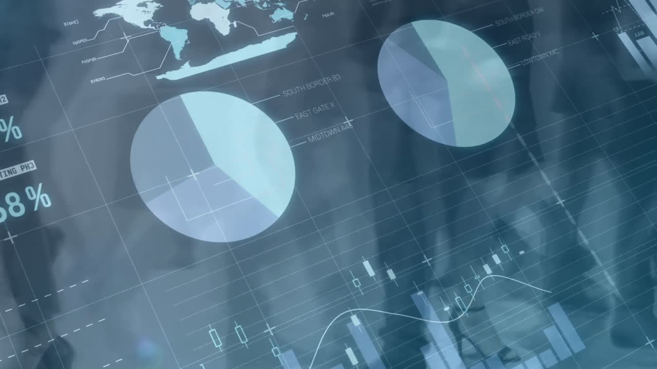 Animation of data processing over diverse business people walking