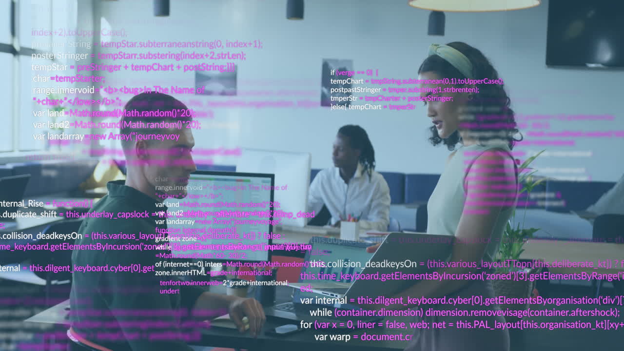 Animation of data processing over diverse colleagues discussing work in office