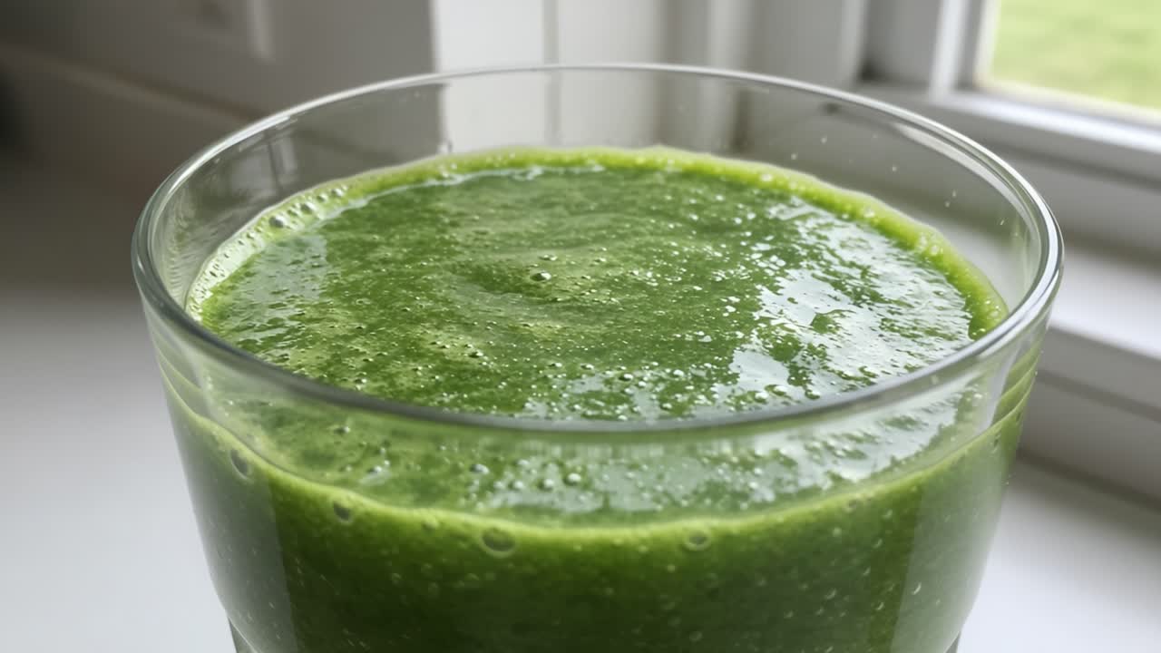 Refreshing and Nutritious Green Smoothie in a Glass Sitting on a Windowsill with Natural Light Filtering In