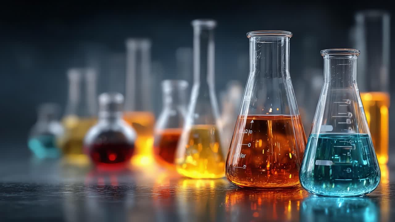 Żywy zestaw szklanych naczyń laboratoryjnych wypełnionych kolorowymi płynami, przedstawiający różne związki chemiczne i eksperymenty w środowisku naukowym.