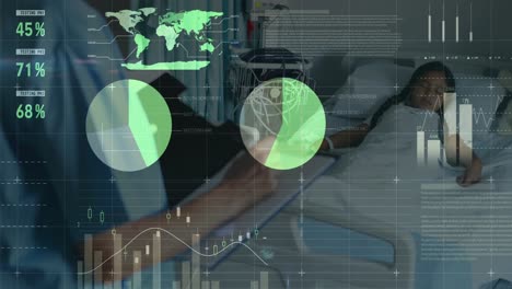 animación de gráficos financieros sobre las manos de un médico caucásico usando una tableta
