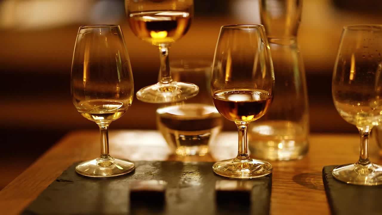 나무 테이블 위에서 위스키 컵을 손으로 선택하는 것