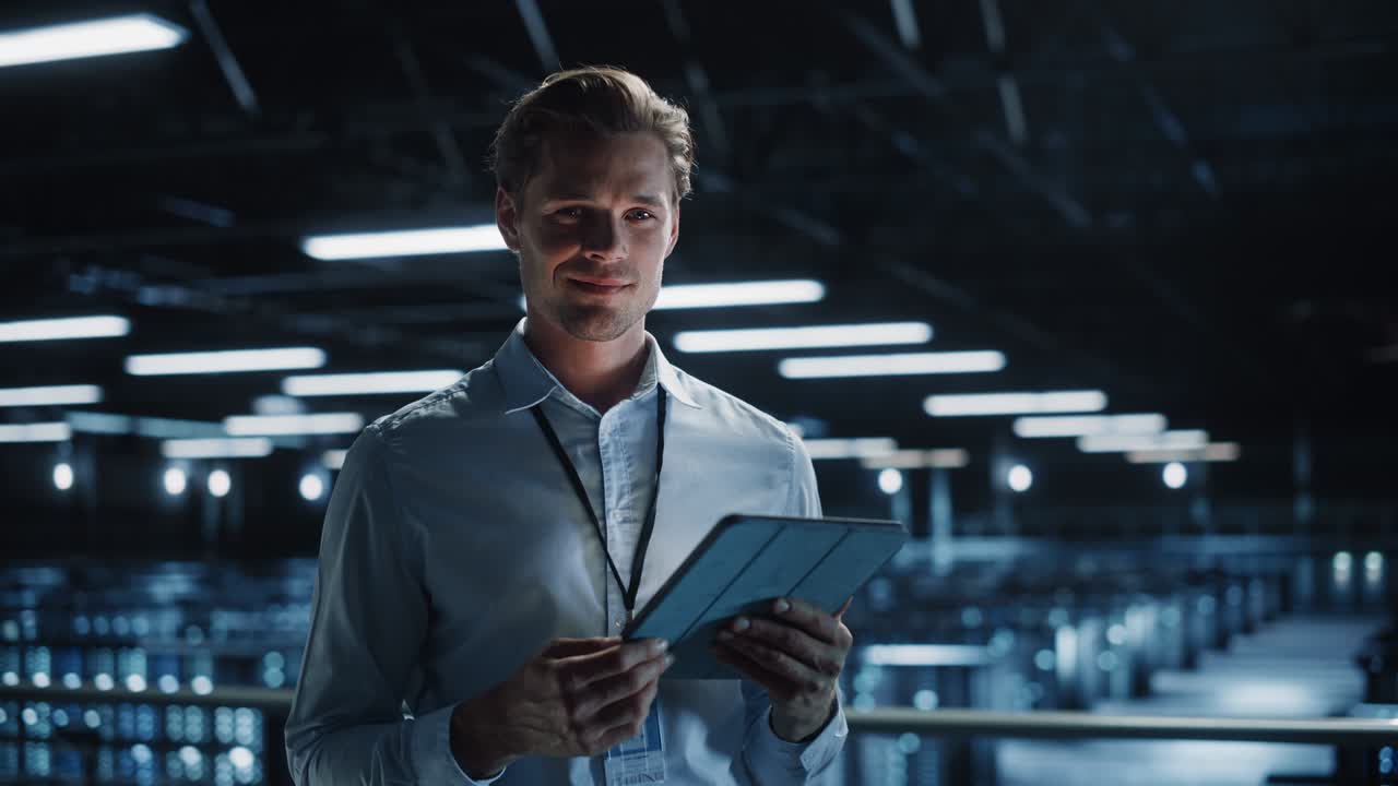 ritratto di un bell'it specialista sorridente che usa un tablet nel data center, guardando la telecamera. un ingegnere di e-business maschio di successo che lavora in una grande struttura di cloud computing di server farm. scatto medio