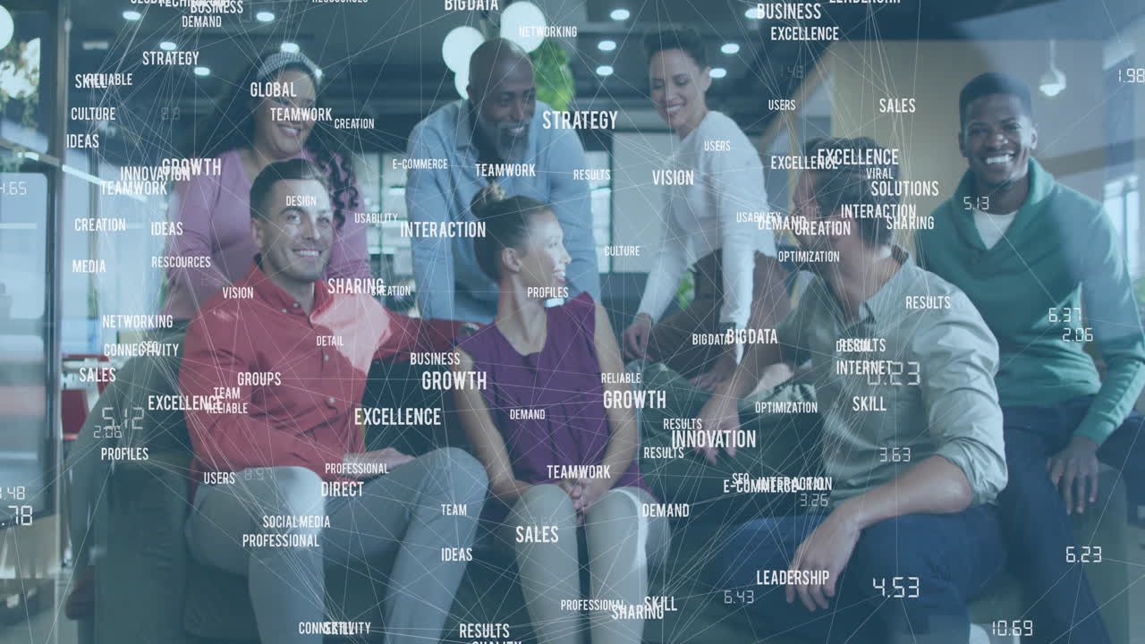 Animation of network of connections with texts over diverse business people working at office