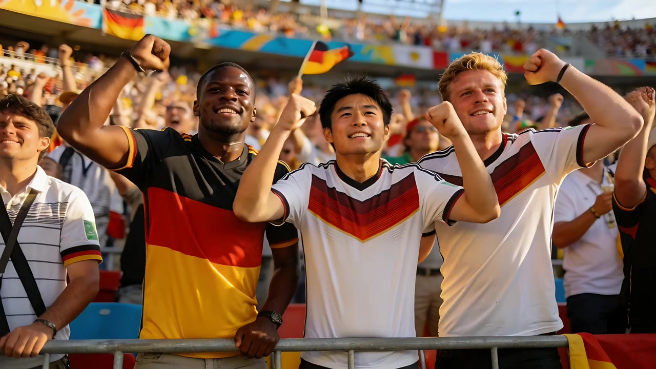 Tres aficionados masculinos animando, siguiendo una jugada clave del partido, levantando los puños en el estadio, con camisetas de Alemania.