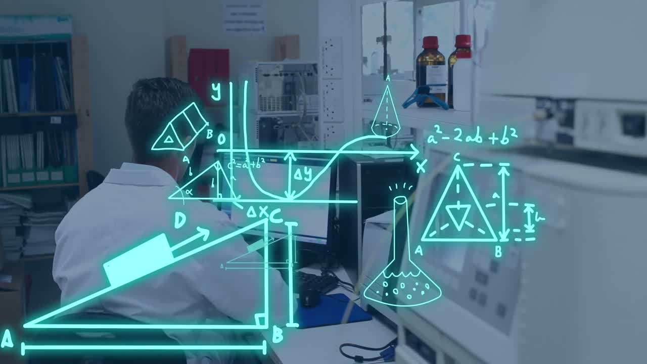 animación del procesamiento de datos científicos sobre un científico caucásico en el laboratorio.