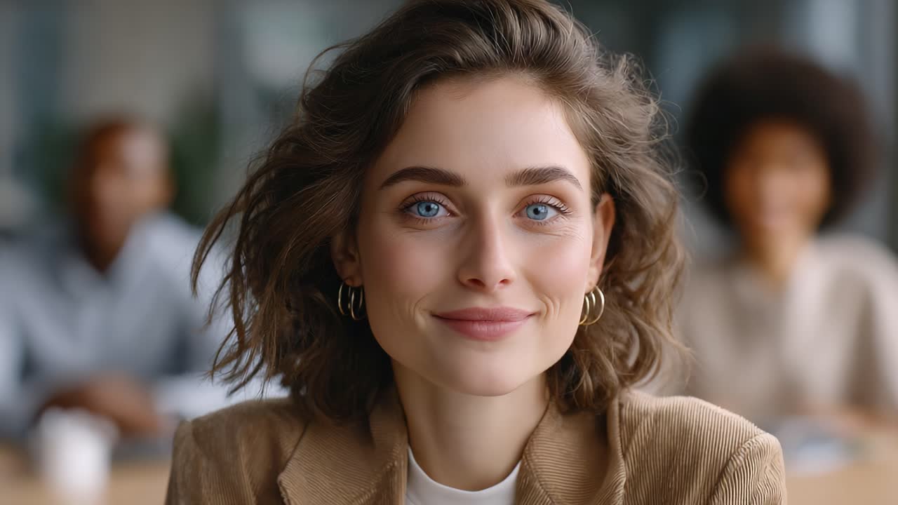 A Confident Young Woman with Beautiful Blue Eyes Smiling at the Camera, Surrounded by Friends in a Collaborative Environment