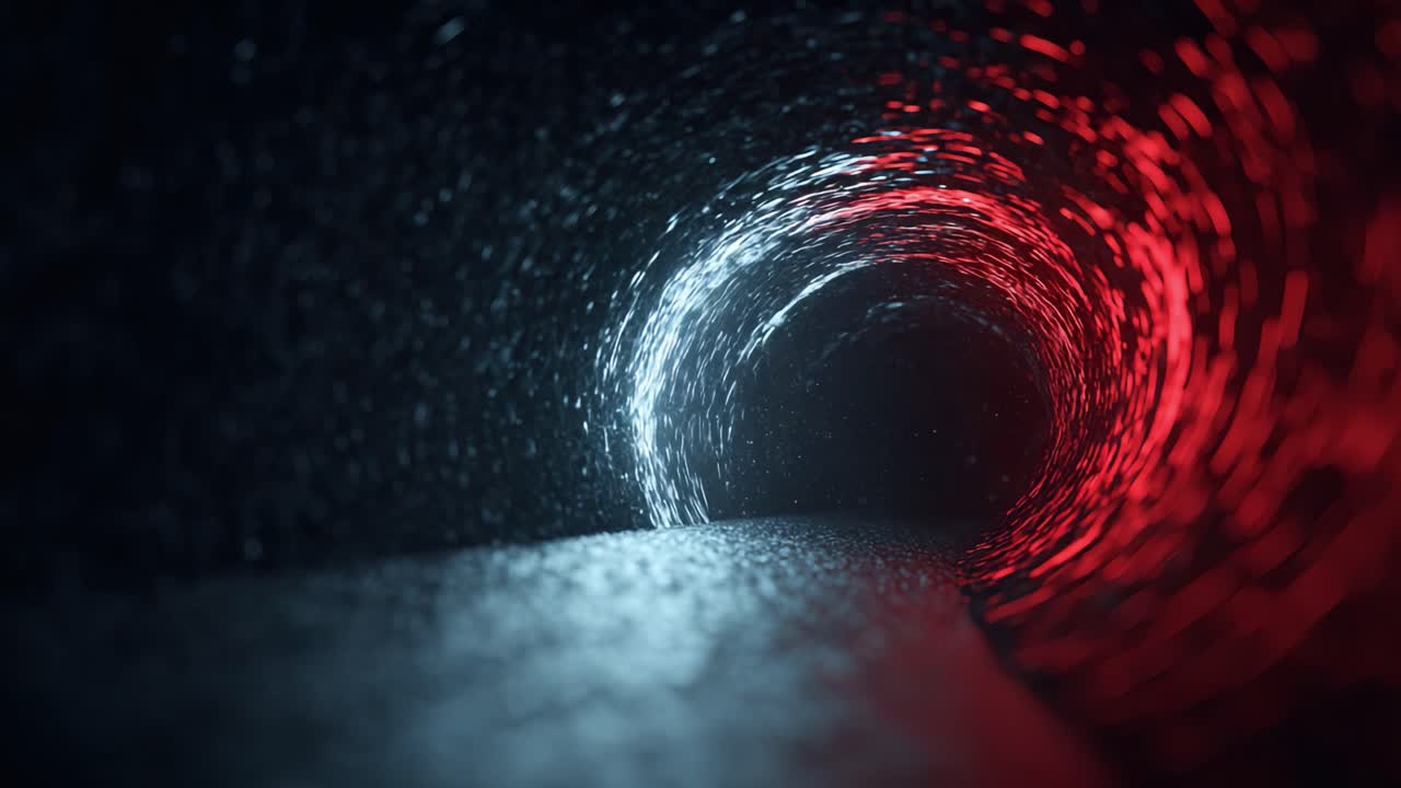 En fascinerende rejse gennem en abstrakt tunnel af lys og bevægelse, med dynamiske farver i rød og hvid, fanget i en visuel udforskning af dybde og perspektiv.