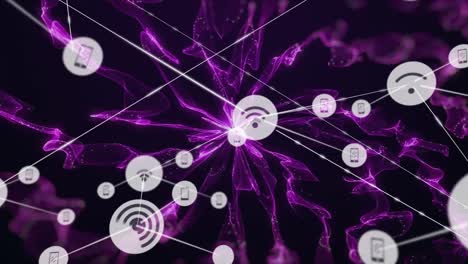 Animation-of-network-of-connections-over-purple-energy-on-black-background