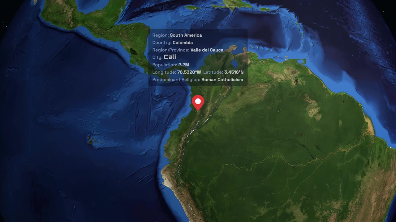 Digital globe rotates and zooms into South America, highlighting Cali, Colombia with informational text