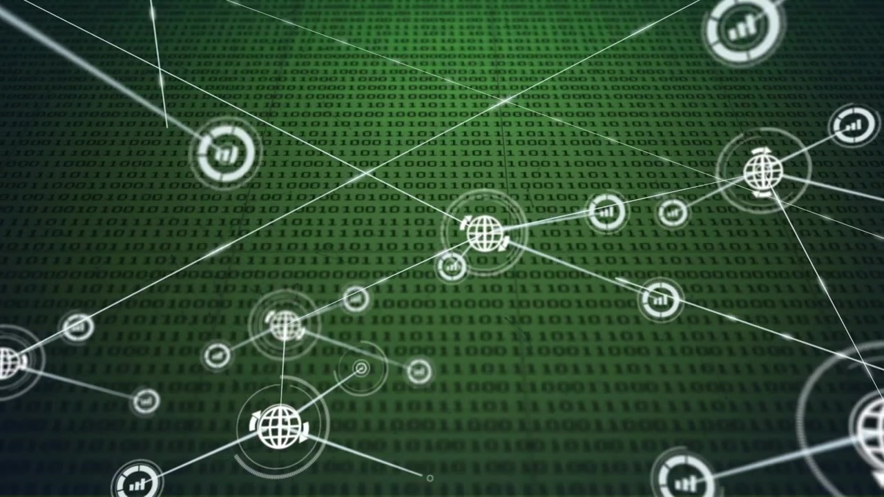 Animation of network of connections with icons over data processing on green background