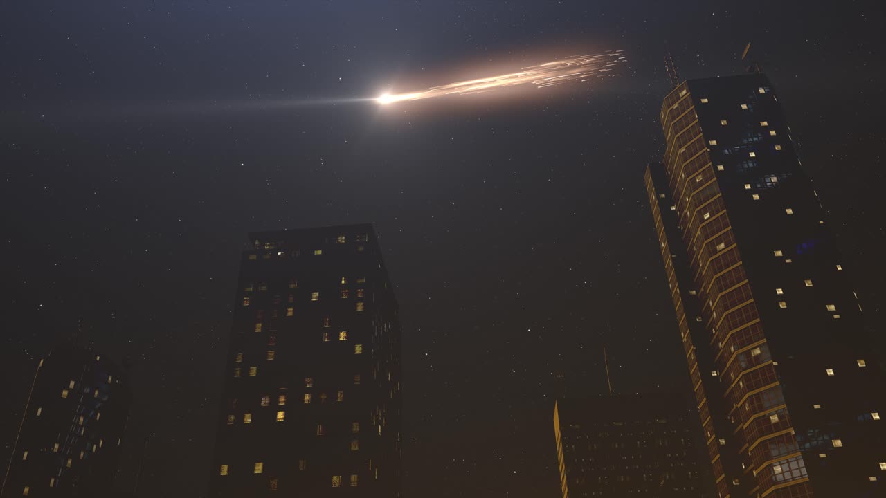 meteorito sobre la ciudad por la noche