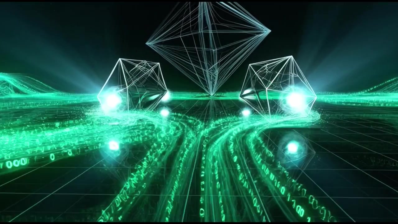 Abstract Digital Data Streams Converging into Glowing Geometric Shapes