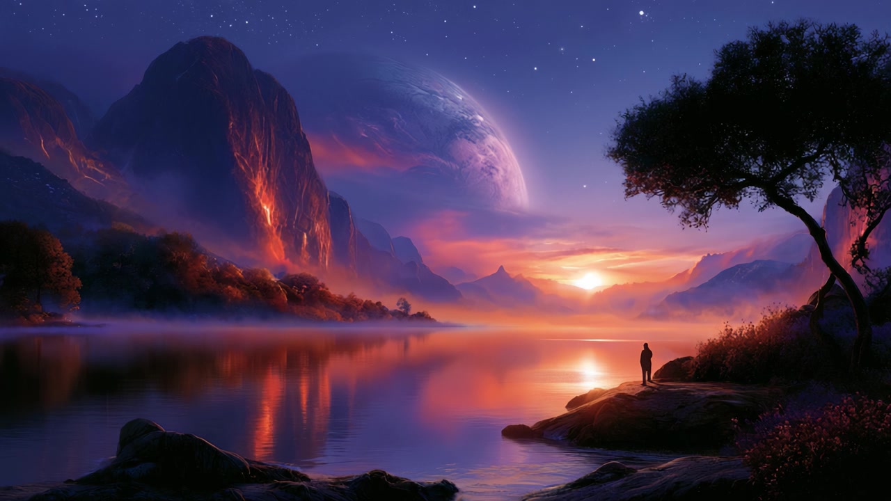 Una serata tranquilla in riva all'acqua: un paesaggio mozzafiato di colori vivaci, montagne e una figura solitaria in una scena celestiale da sogno al tramonto.