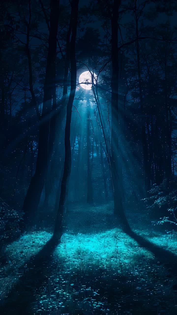 Video verticale: luna piena splendente che proietta raggi tra 2 tronchi in una radura illuminando il pavimento color teal