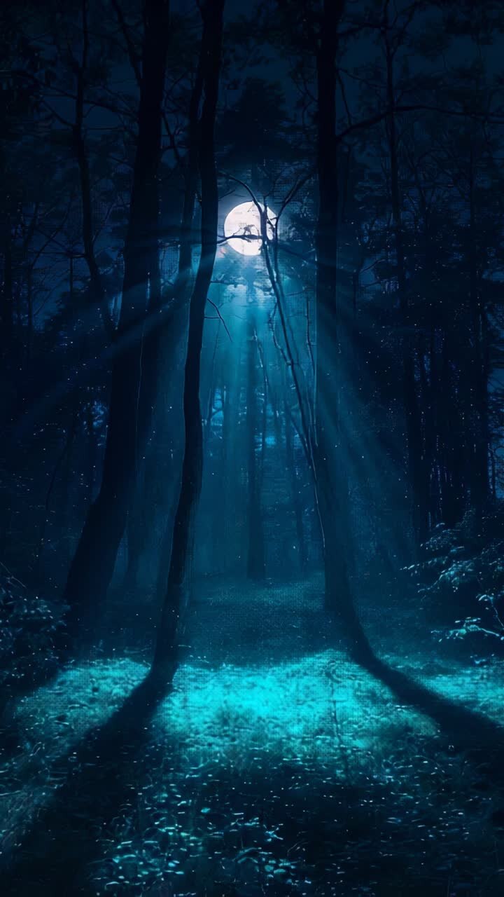 Vertical video: Brightening full moon casting rays through 2 trunks into glade lighting teal floor