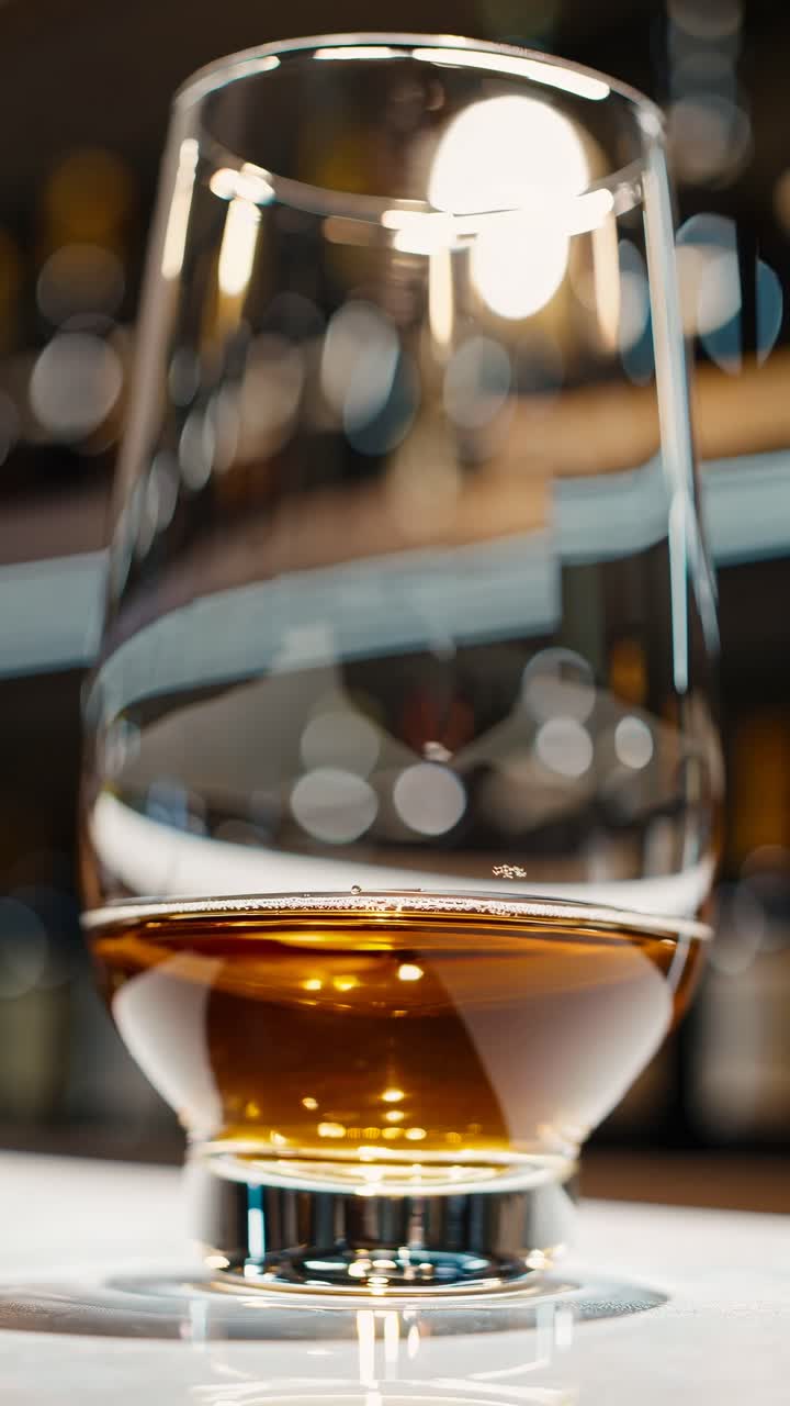 Close-up, low-angle shot of a whiskey glass on a bar counter, capturing reflections and warm tones