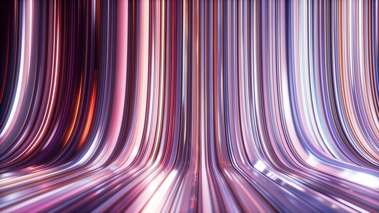 Túnel vertical de luz neon com fitas metálicas cintilantes, fluindo reflexos cromados brilhantes, roxo e rosa.