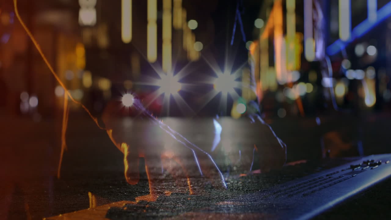 creative technology marketer mixing audio console in city night scene, using colored light streaks