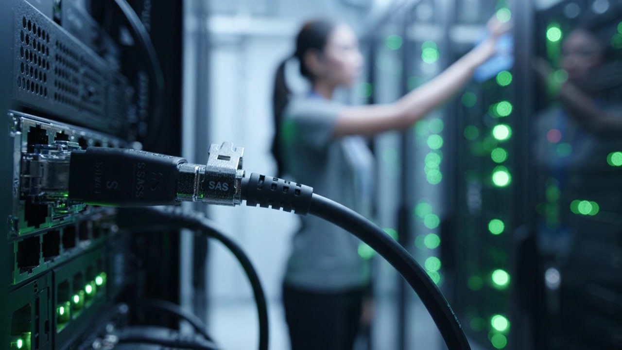 A technician inspects server hardware with green indicator lights while surrounded by rows of data storage in a modern data center environment.
