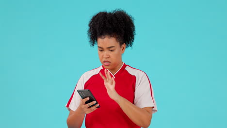 Stress,-phone-and-female-athlete-in-a-studio