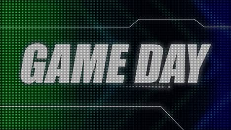 2d animated motion graphics design of a flashing lightboard style sports title card, in classic blue and green color scheme, with animated chevrons and the bold game day caption